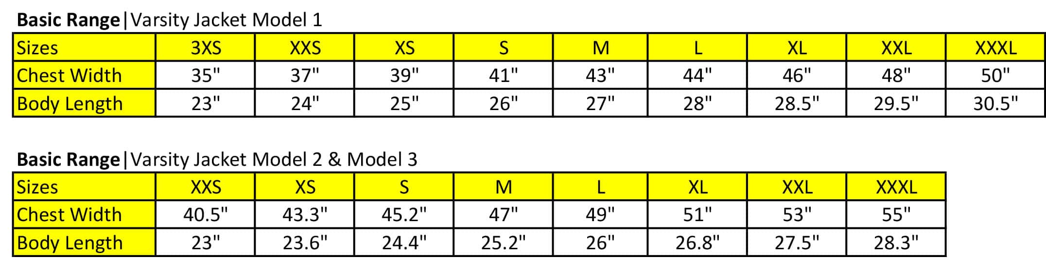 Varsity Jacket - Size Chart
